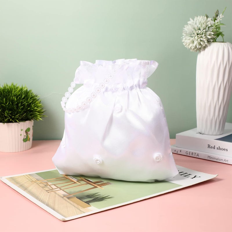 LUOEM Satin Bridal Wedding Money Bag White Bridal Bridesmaid Satin Flower Decorated Bag Handbag with Pearl for Dance Purse Wedding Favor - Image 3